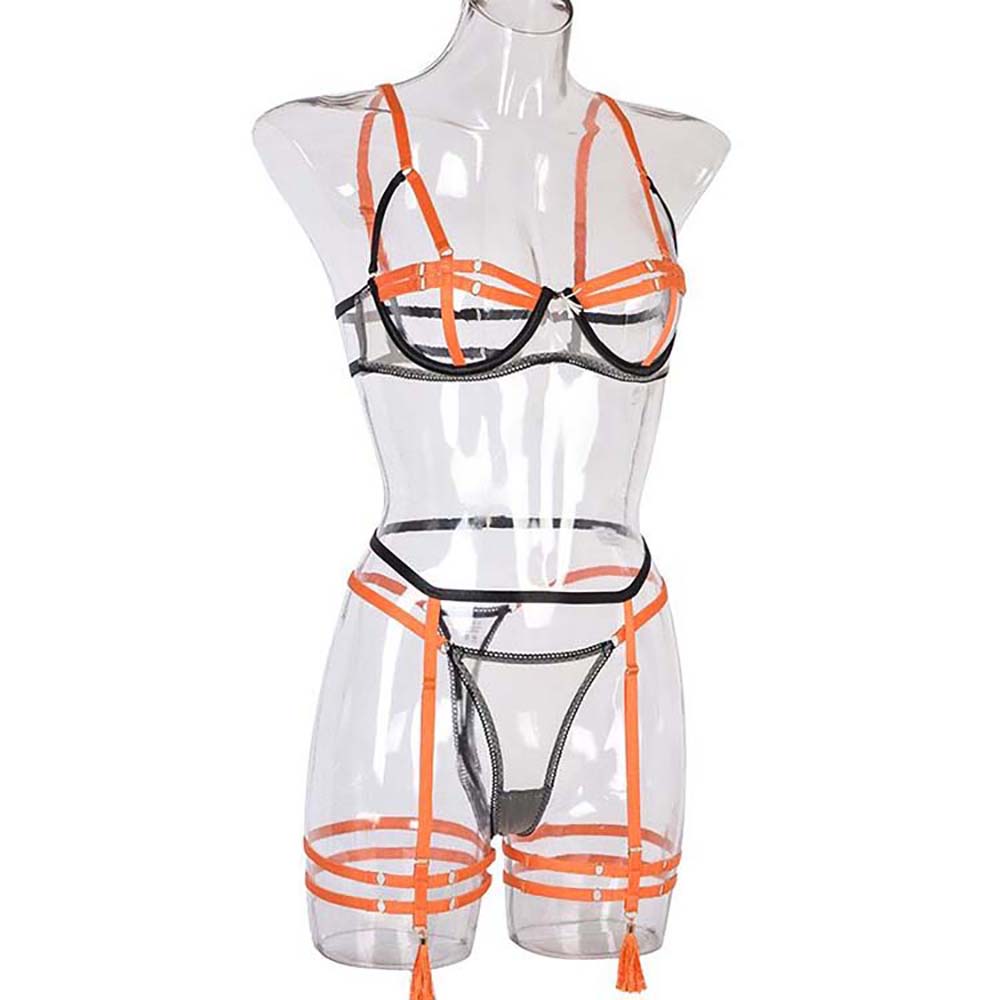 Alias fashion new two color splicing band heavy craft 3 pcs sexy underwear women sexy lingerie set