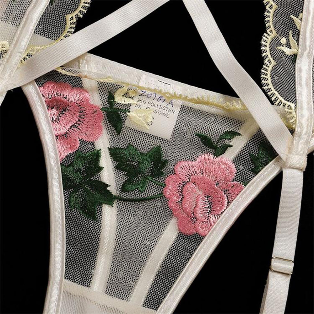 Alias high quality embroidery gauze underwear for women's dresses gather corset thong garter 3 piece women's sexy underwear