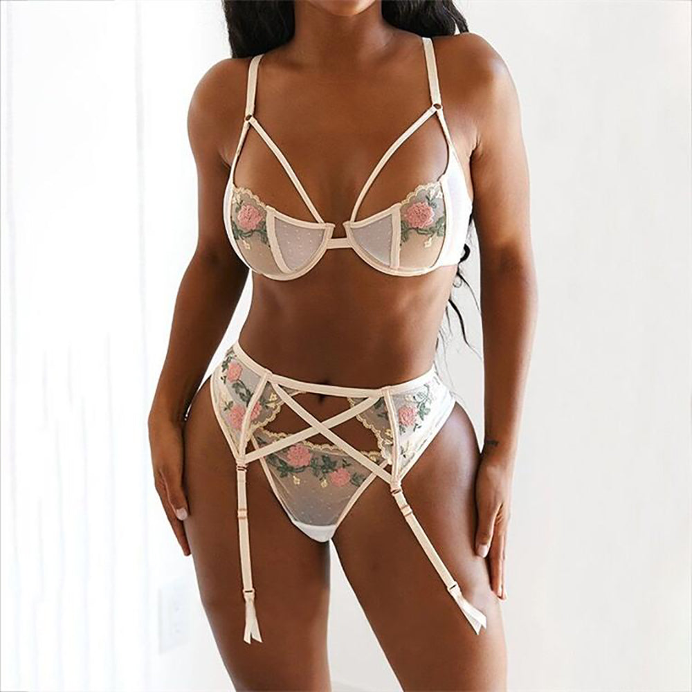 Alias high quality embroidery gauze underwear for women's dresses gather corset thong garter 3 piece women's sexy underwear