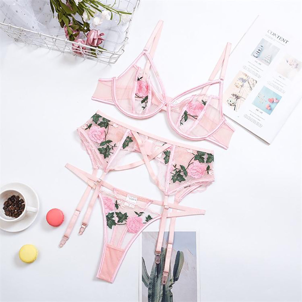 Alias high quality embroidery gauze underwear for women's dresses gather corset thong garter 3 piece women's sexy underwear