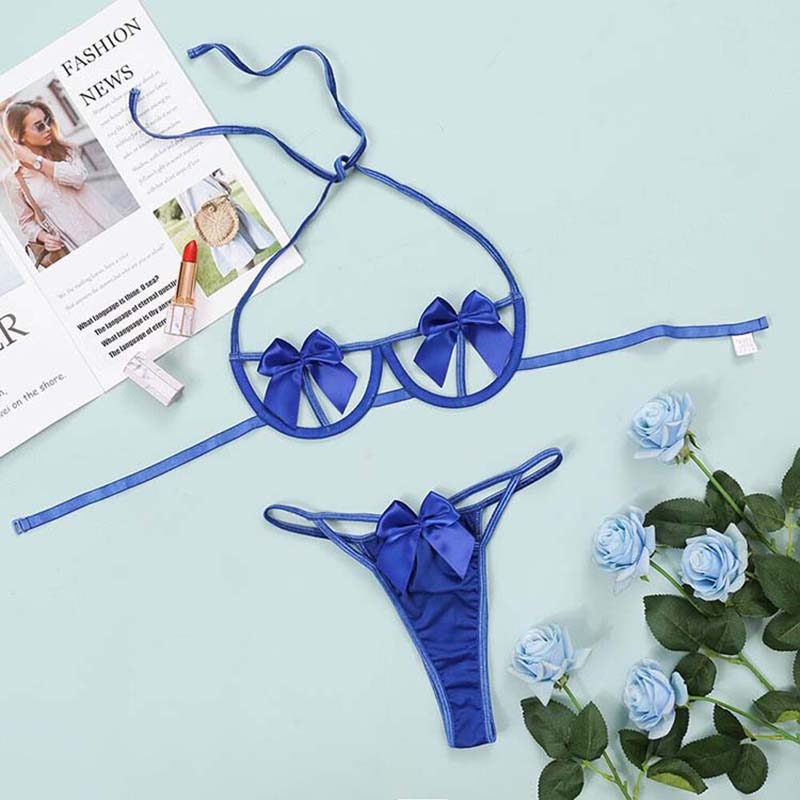 Alias Hot selling female bow tie belt hollow out appeal underwear two sets of sexy transparent thong underwear quality Steel ring bra