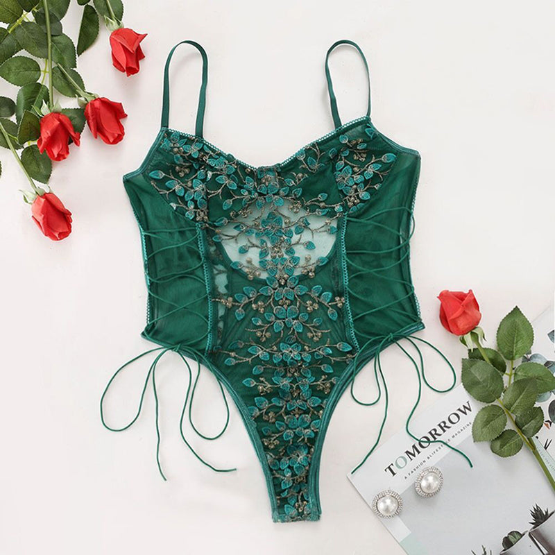 Alias new design floral underwear female lace mesh see-through embroidered lace corset sexy thong bikini sexy bathing suit