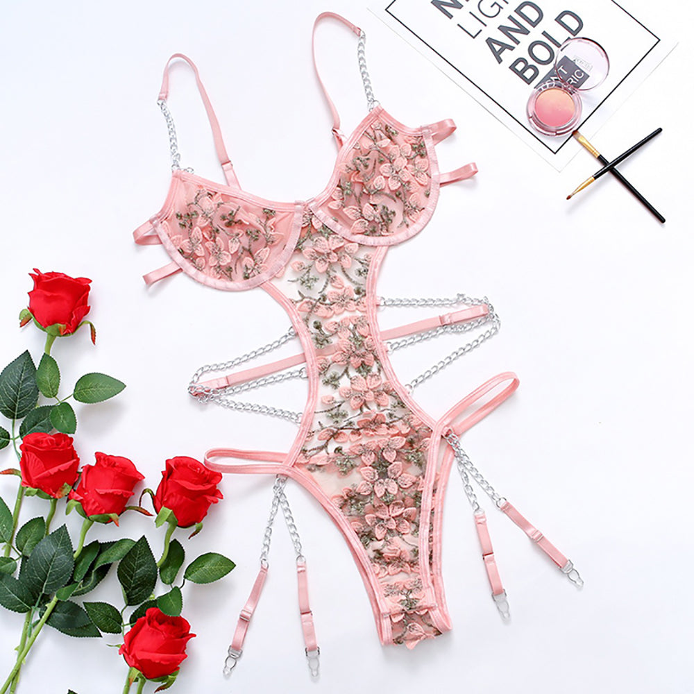 Alias high quality Floral Embroidery Women's sexy lingerie Teddy Bodysuit Garters Lingerie Set