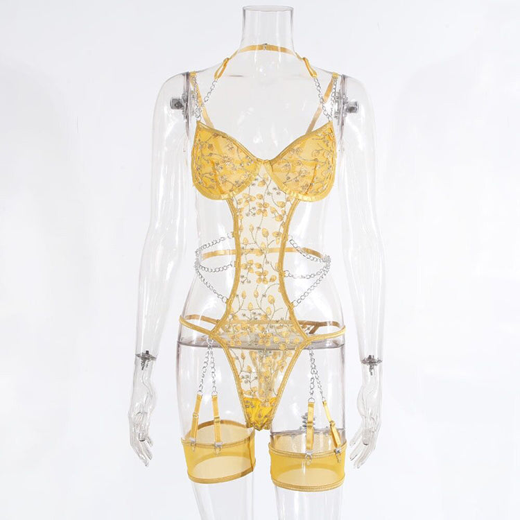 Alias high quality Floral Embroidery Women's sexy lingerie Teddy Bodysuit Garters Lingerie Set