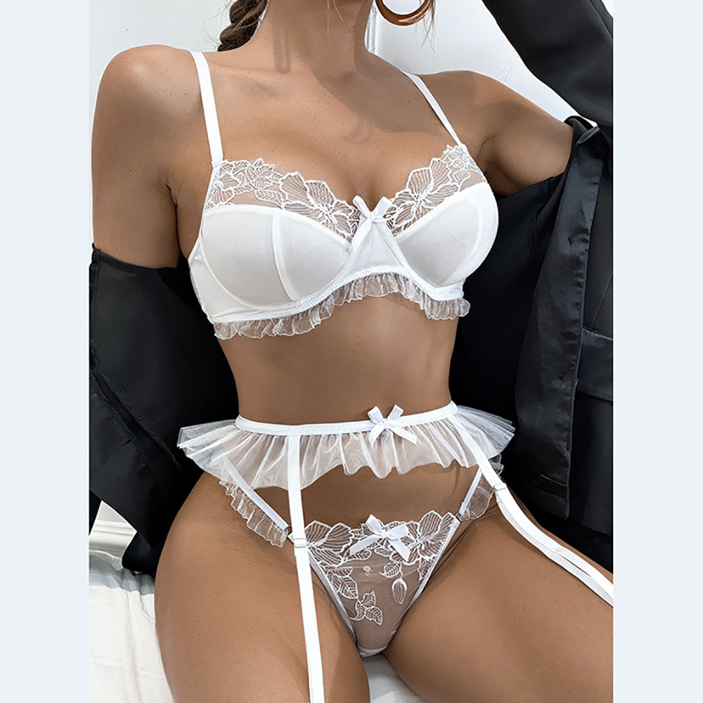 Alias 2022 new white embroidered lace transparent mesh sexy underwear 3 pcs sets for women