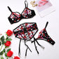 Alias 2022 Hot Sell 3 Pcs Sets Heart Embroidery Lace Bra Set Women Sexy Black Garters Lingerie Set