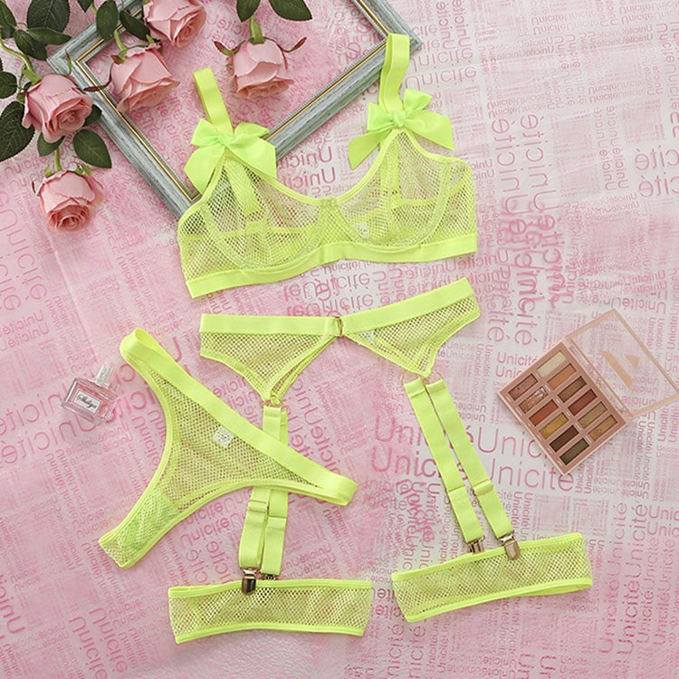 Alias chuangerm butterfly hollow-out tight transparent sexy lingerie set fluorescent green mesh lace lingerie set