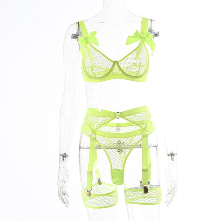 Alias chuangerm butterfly hollow-out tight transparent sexy lingerie set fluorescent green mesh lace lingerie set