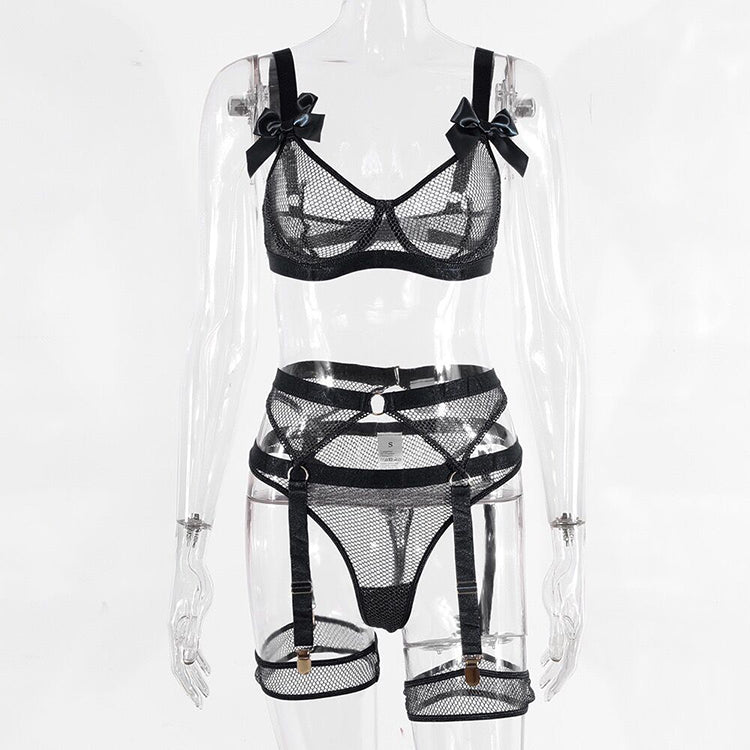 Alias chuangerm butterfly hollow-out tight transparent sexy lingerie set fluorescent green mesh lace lingerie set