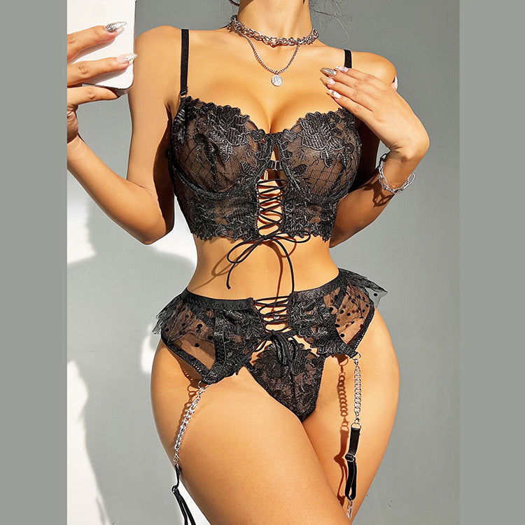 Alias new arrival high-end sexy lingerie strappy with garter belts lace embroidery bra and panty sets women underwear