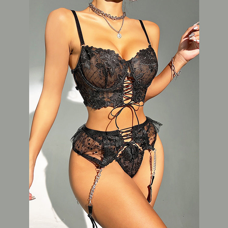 Alias new arrival high-end sexy lingerie strappy with garter belts lace embroidery bra and panty sets women underwear