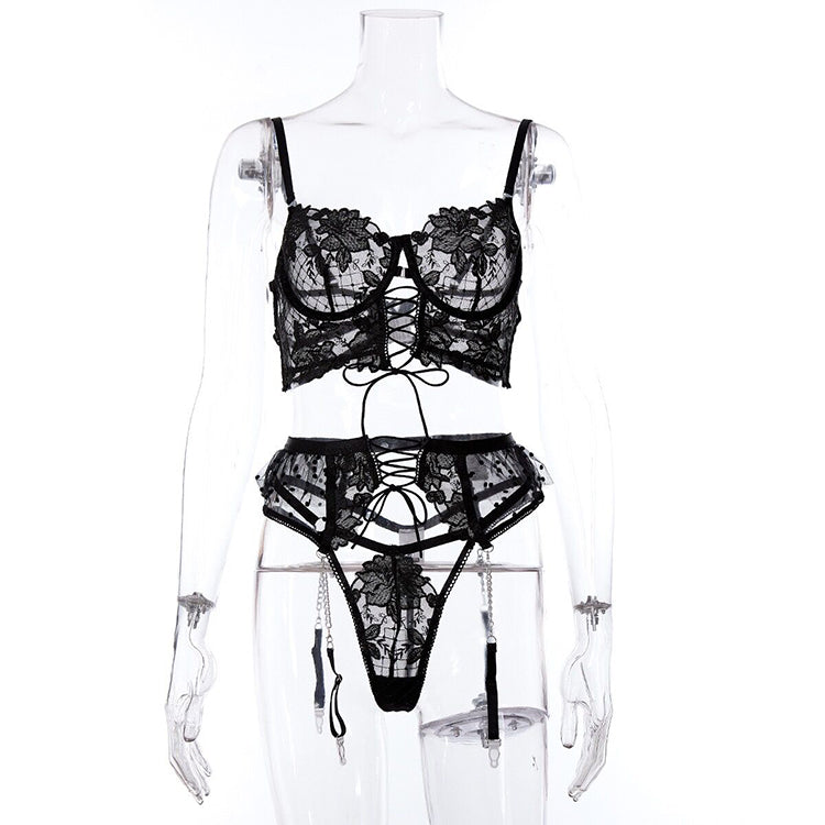 Alias new arrival high-end sexy lingerie strappy with garter belts lace embroidery bra and panty sets women underwear