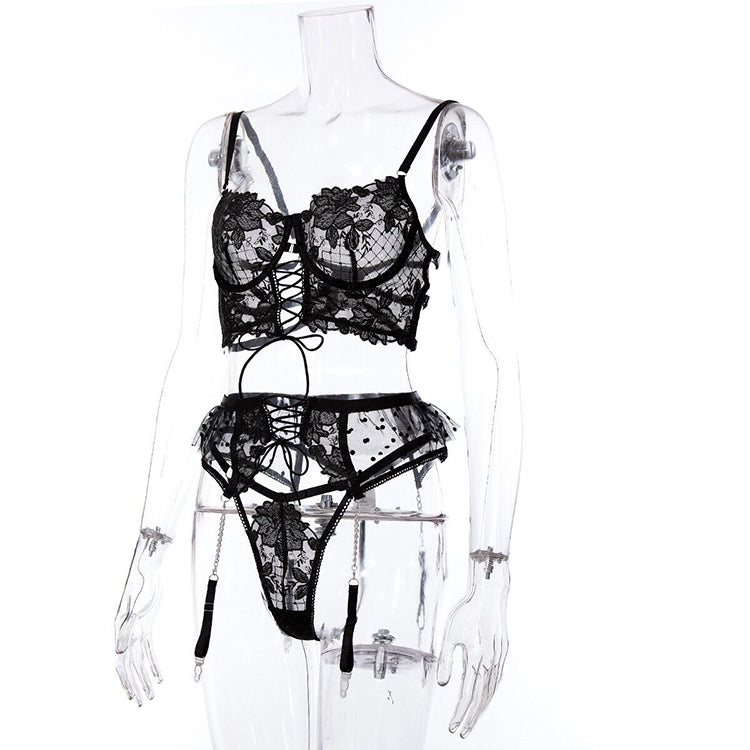 Alias new arrival high-end sexy lingerie strappy with garter belts lace embroidery bra and panty sets women underwear