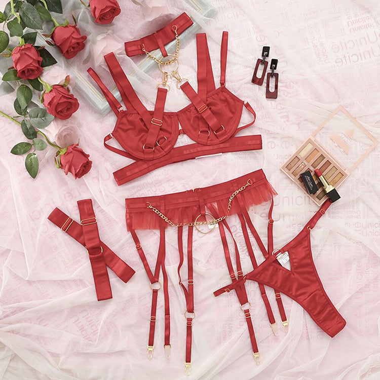 Alias New European American metal punk style complex craft sexy body shaping underwear 4-piece lingerie set