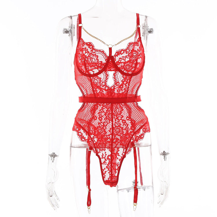 Alias New Arrival Sexy Lingerie Women Lace Chain Sleepwear Mesh Lace Floral See-through Corset Tops Catsuit Bodysuit