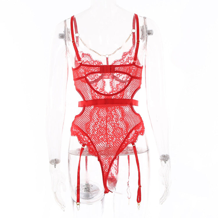 Alias New Arrival Sexy Lingerie Women Lace Chain Sleepwear Mesh Lace Floral See-through Corset Tops Catsuit Bodysuit