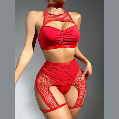 Alias High Quality Luxury Red Transparent Underwire String Legs Ring Underwear Mesh Sexy Lingerie Set