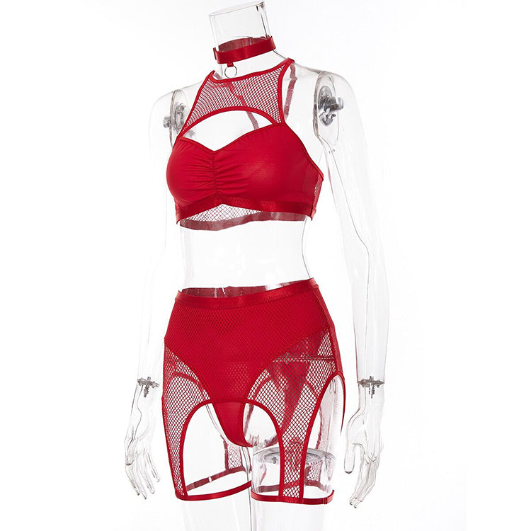 Alias High Quality Luxury Red Transparent Underwire String Legs Ring Underwear Mesh Sexy Lingerie Set