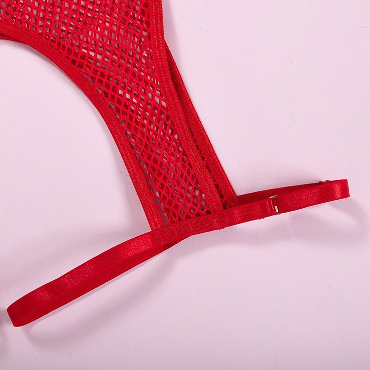 Alias High Quality Luxury Red Transparent Underwire String Legs Ring Underwear Mesh Sexy Lingerie Set