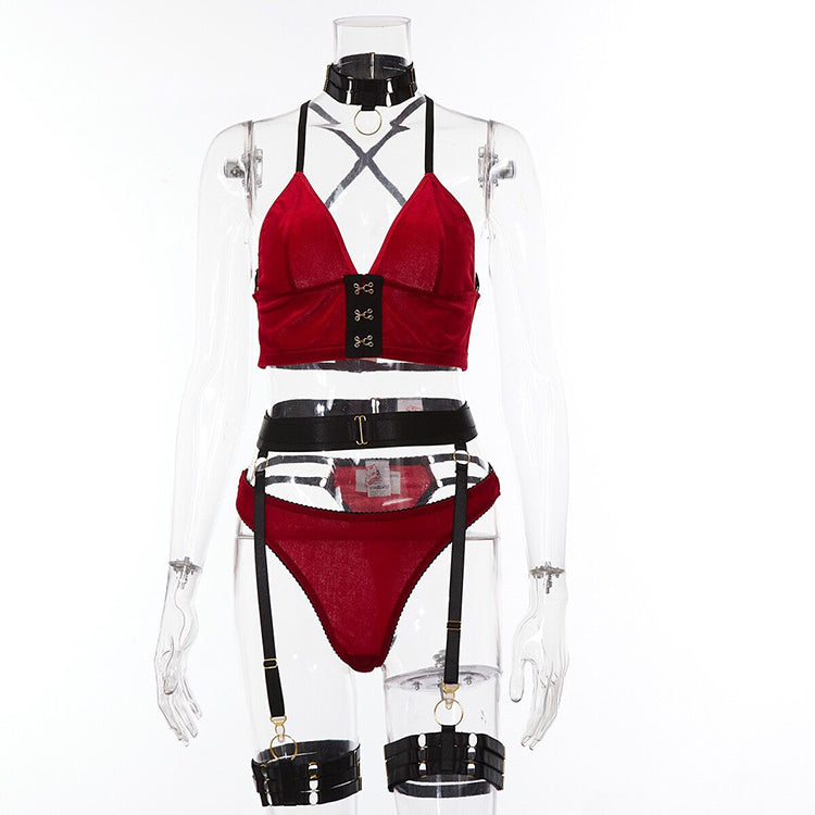 Alias European and American sexy breasted hollowed out Valentine's Day sexy underwear three-piece set