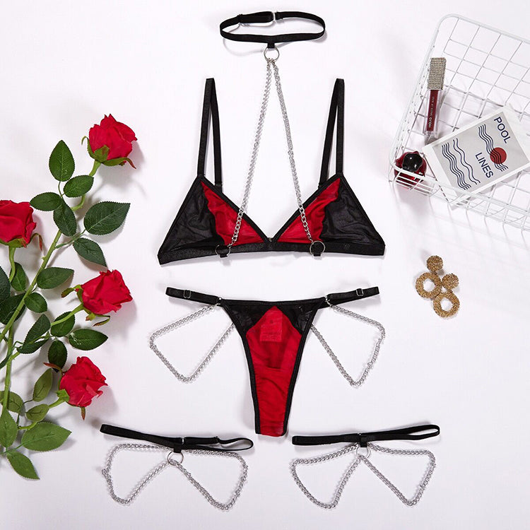 Alias Exotic Chain Lace Bralette Fashion Splicing Hanging Neck Lace Bra and Panty Set Sexy Women Lingerie